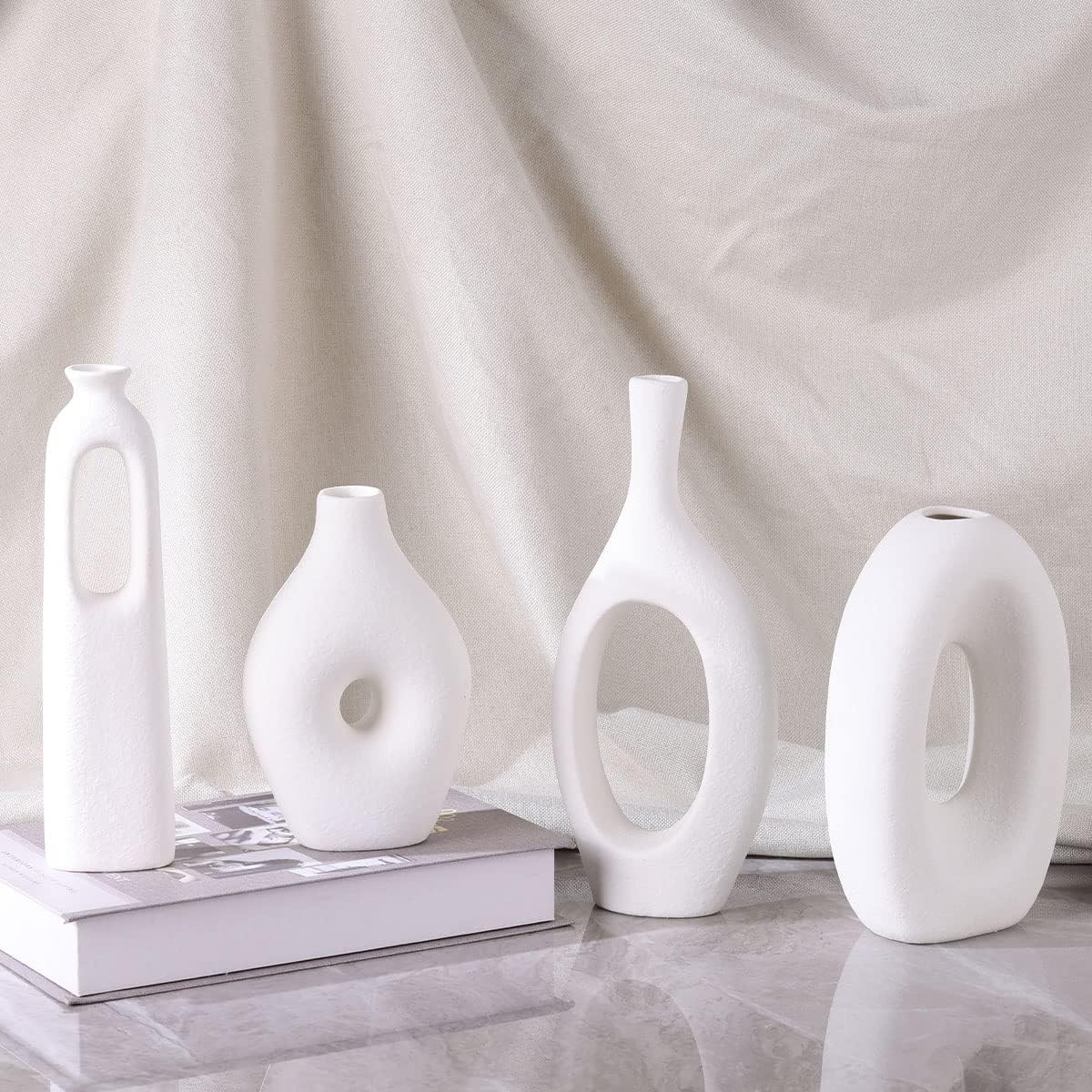 White Ceramic Vase Set of 4 - Round Hollow Boho Vases for Pampas Grass and Flowers Decor, Modern Minimalist Small Vases for Living Room, Bedroom, Fireplace, Coffee Table Decor and Centerpieces