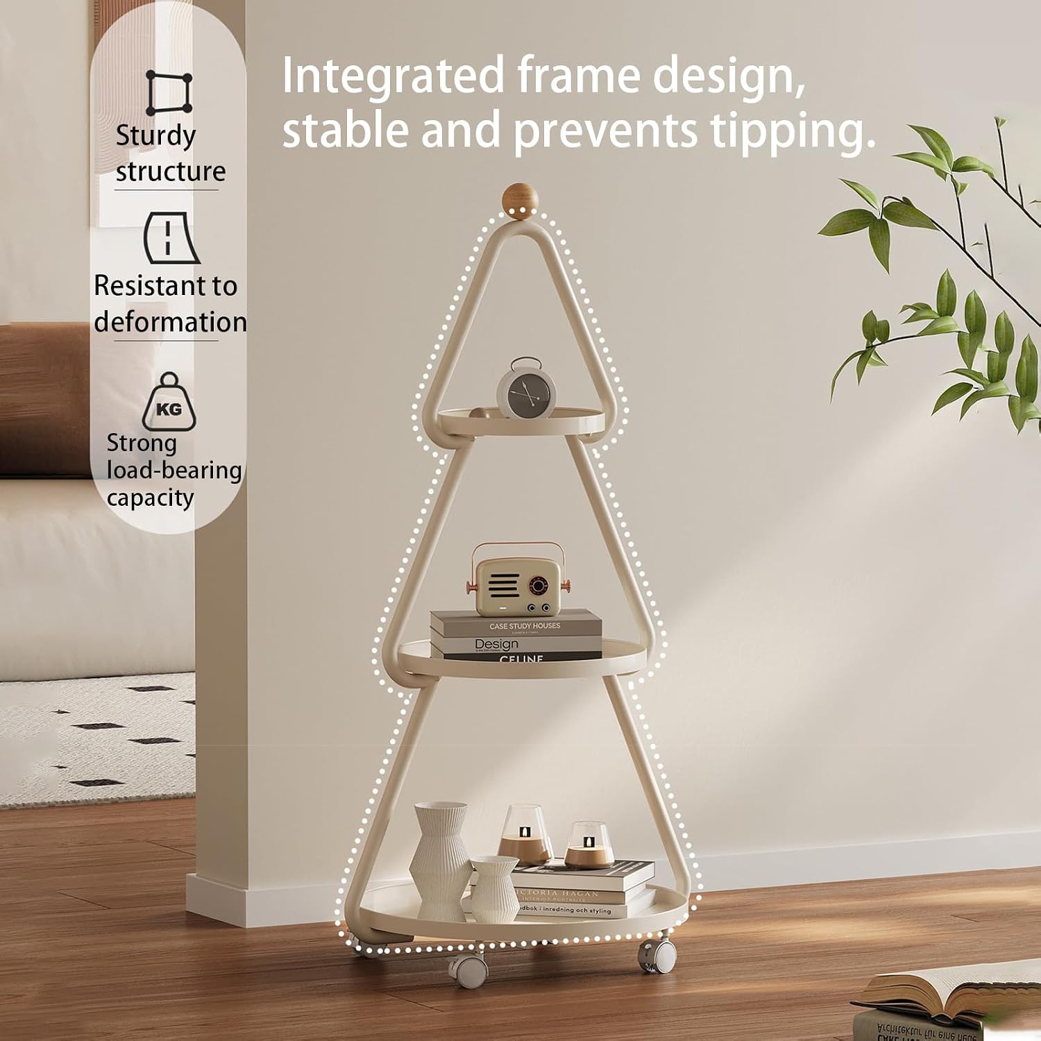 Tree-Shaped Side Table Metal 3-Tier End Table with Rolling Wheels Couch Tables for Small Space, Living Room, Bedroom Green