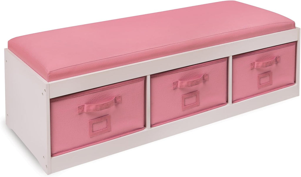 Badger Basket Kids’ Storage Bench with Cushion - Toy Organizer with 3 Removable Bins, Faux Leather Seat, Durable Wood Frame - Seating and Storage for Playroom or Bedroom - White/Rose