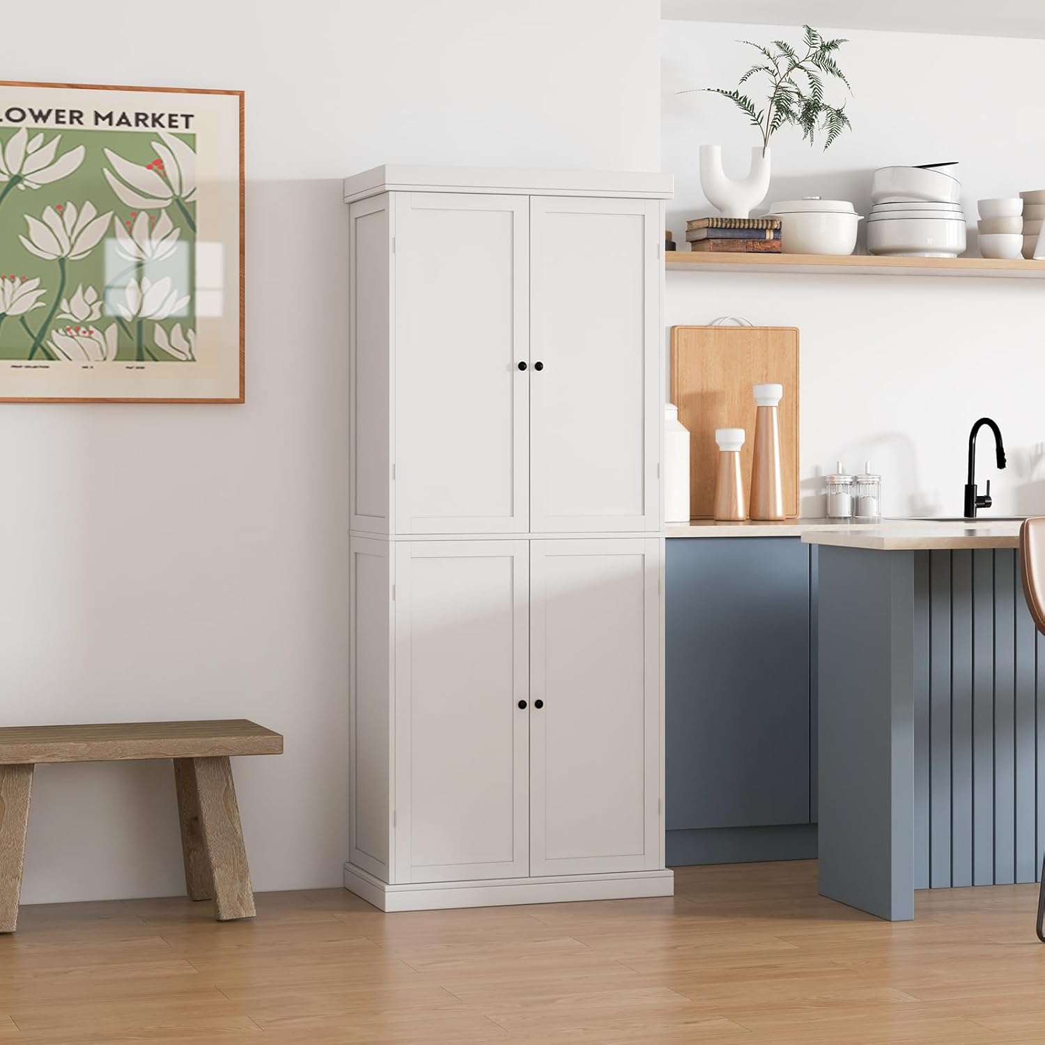 LOKO 4 Door Kitchen Pantry Cabinet, Freestanding Storage Cabinet with Adjustable Shelve, 72.5” Tall Buffet Cabinet for Dining Room, Living Room, Laundry, Home Office (White)