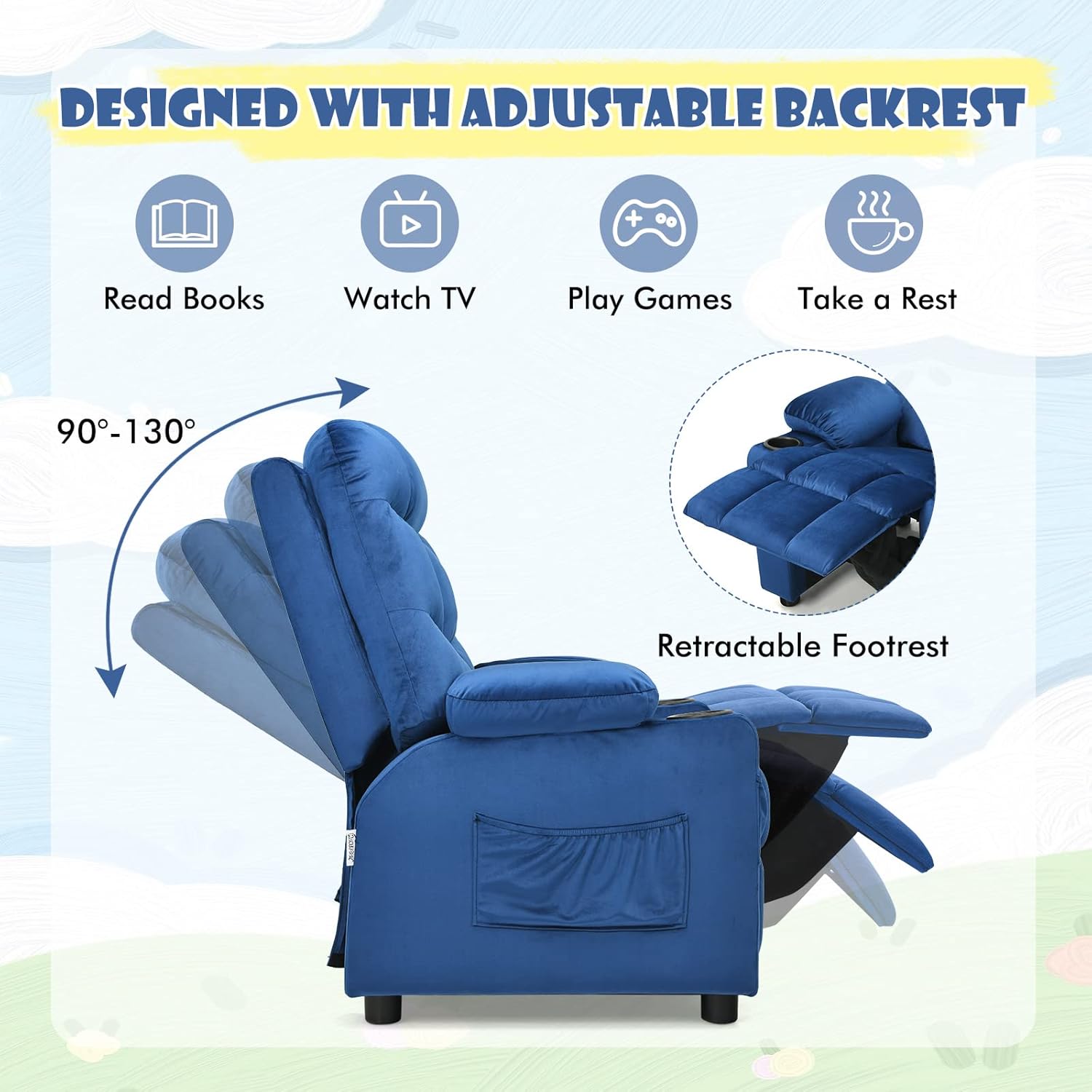 GLACER Kids Recliner, Velvet Adjustable Toddler Lounge Chair w/Cup Holder, Footrest, Lumbar Support, Armrests, Side Pockets, Kids Recliner Chairs for Boys Girls Age 3+ (Blue)