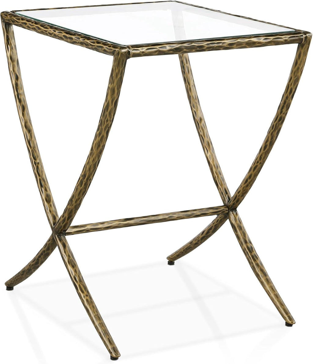 24/7 Shop at Home Lalia Modern 22-inch Metal Side Table with Tempered Glass Tabletop, Hammered Forged Steel Frame for Bedroom, Living Room, Home Office, Matte Gold