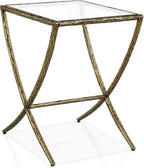 24/7 Shop at Home Lalia Modern 22-inch Metal Side Table with Tempered Glass Tabletop, Hammered Forged Steel Frame for Bedroom, Living Room, Home Office, Matte Gold