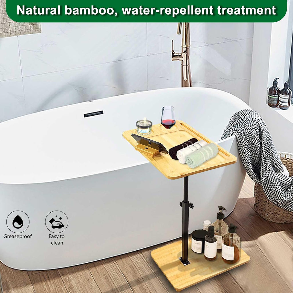 TV Tray Table 360° Swivel Sofa Couch Armrest Tray Bamboo Side Table C Shaped End Table for Small Spaces Snack Dinner Bed Eating Couch Tables That Slide Under