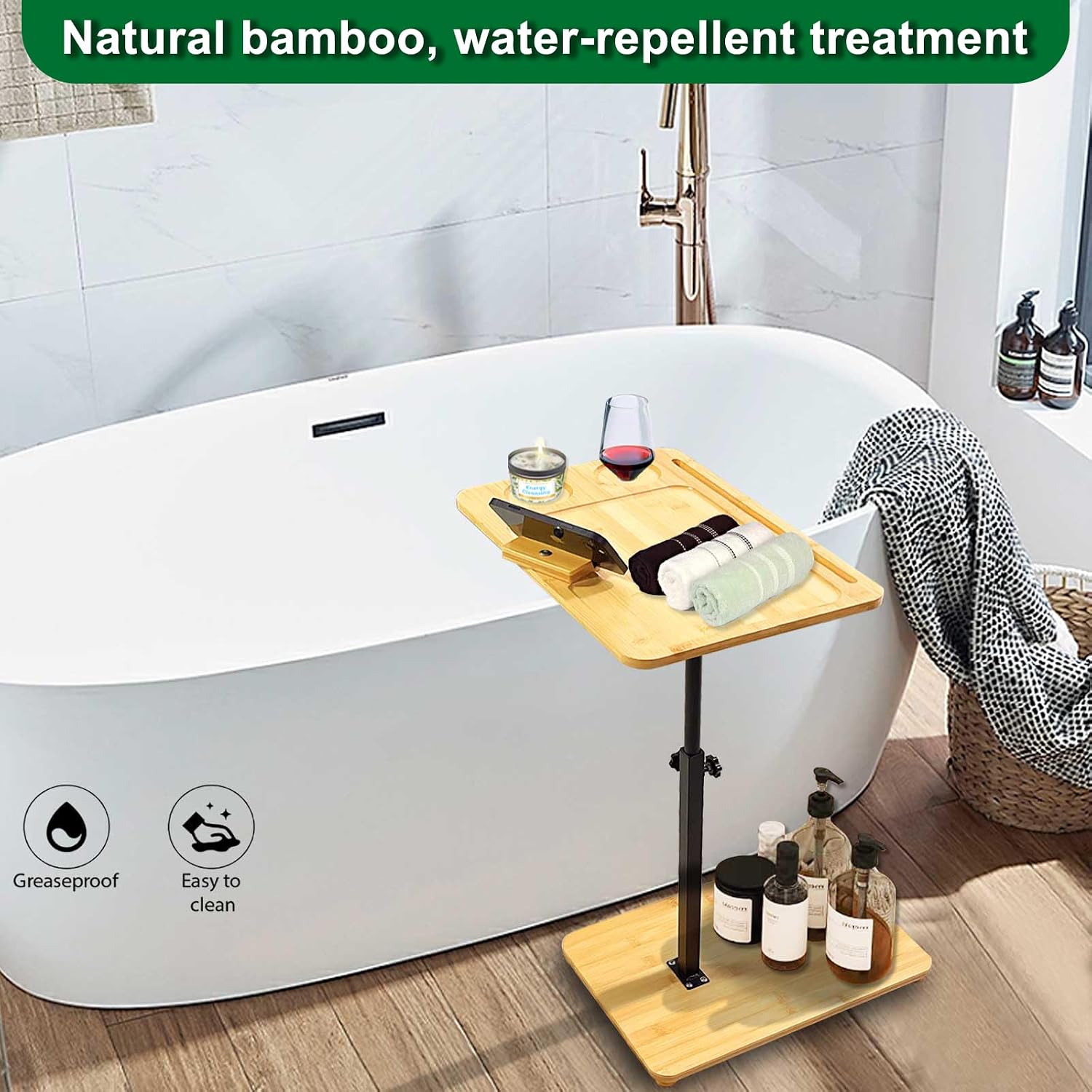TV Tray Table 360° Swivel Sofa Couch Armrest Tray Bamboo Side Table C Shaped End Table for Small Spaces Snack Dinner Bed Eating Couch Tables That Slide Under