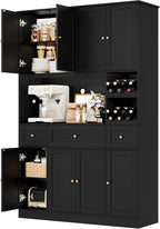 BOTLOG 72" Tall Black Pantry Cabinet, Kitchen Hutch with Wine Rack, Microwave Stand, Buffet Cabinet with Hutch for Dining Room Kitchen, Home Bar Black