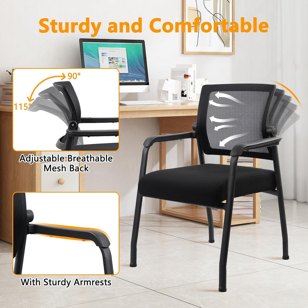 KLASIKA Office Guest Chairs No Wheels | Ergonomic Lumbar Support and Thicked Seats Cushion, Desk Chair with Adjustable Mesh Back for Waiting Room School Church Reception，Black