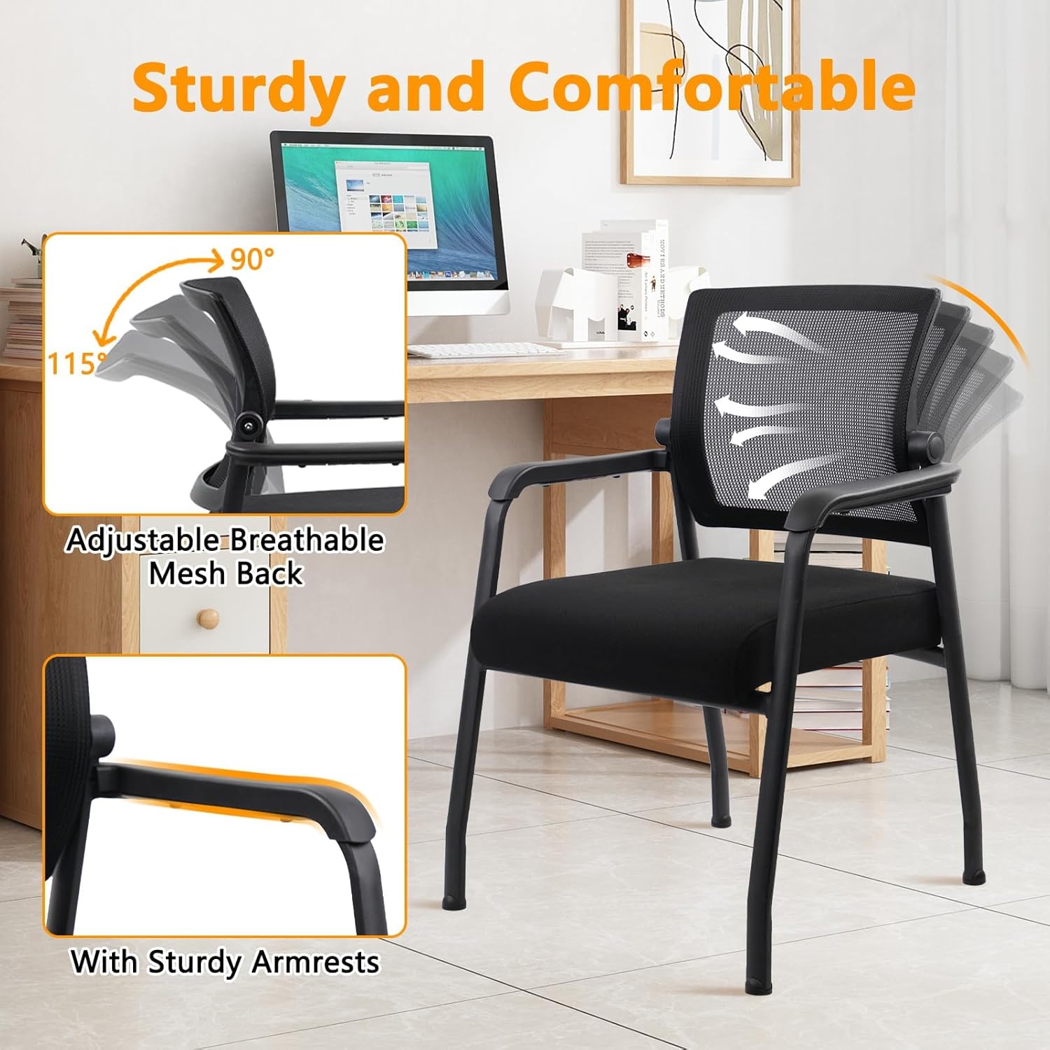 KLASIKA Office Guest Chairs No Wheels | Ergonomic Lumbar Support and Thicked Seats Cushion, Desk Chair with Adjustable Mesh Back for Waiting Room School Church Reception，Black