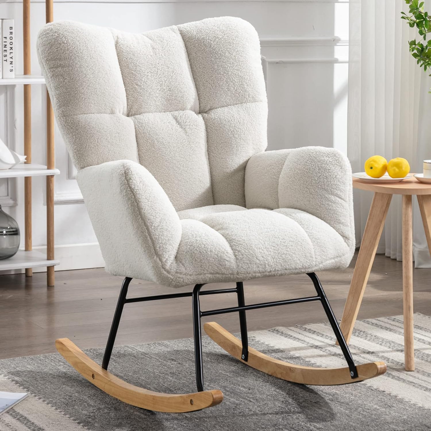 Nursery Rocking Chair, Teddy Velvet Upholstered Glider Rocker Rocking Accent Chair with High Backrest, Mid Century Modern Armchair Comfy Side Chair for Living Room Bedroom Offices