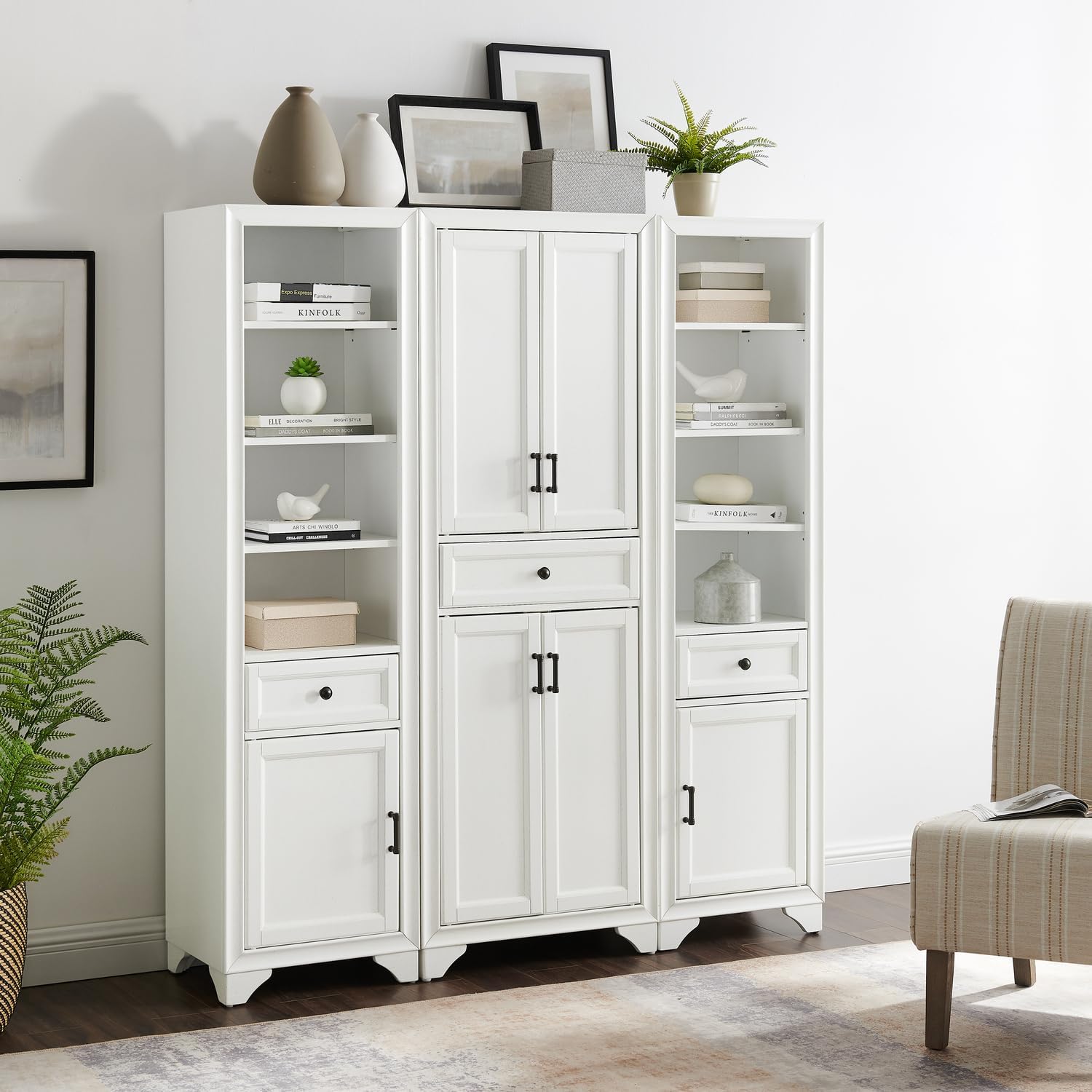 Maykoosh 3-Piece Pantry Set with Cabinets - Distressed White - Adjustable Shelves - 59.75" W x 15" D x 67.75" H