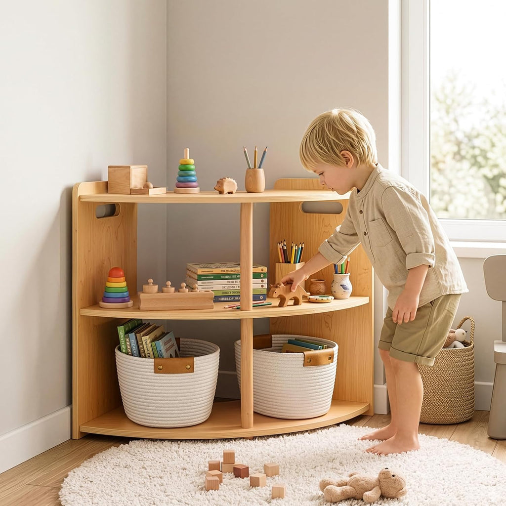 OOOK 2-Tier Montessori Book Shelf, Corner Arc Cabinet with Open Access, Montessori Furniture for Kids Room, Playroom, Nursery, Classroom, Kindergarten