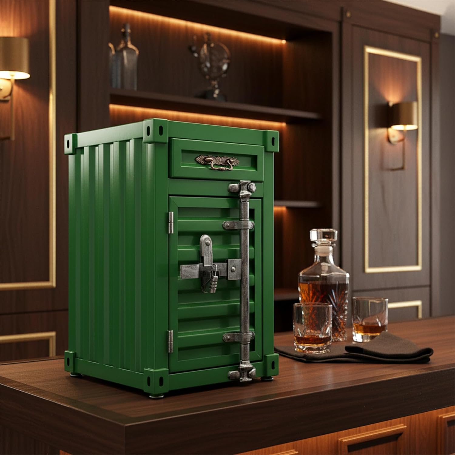 Industrial Metal Container Side Table, 3-Tier End Tables with Drawers, Bedside Table, Container Style Locker Wrought, Retro Style Metal Container Cabinet for Bar/Bedroom/Garage (Green)