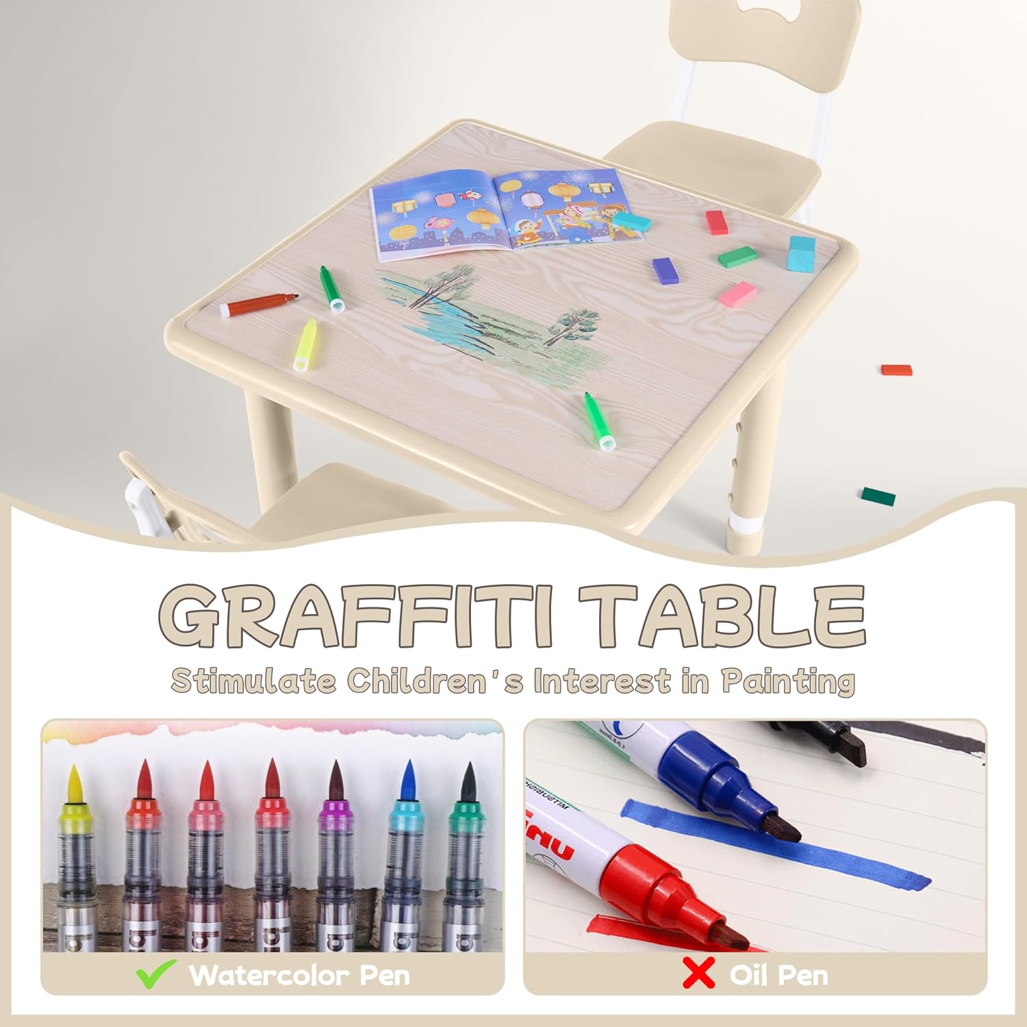 GITAWUSA Toddler Table and Chair Set, Height Adjustable-Upgrade Kids Table and 2 Chairs for Ages 3-8, Multi-Activity Toddler Play Table with Graffiti Desktop for Home/Daycare/Classroom