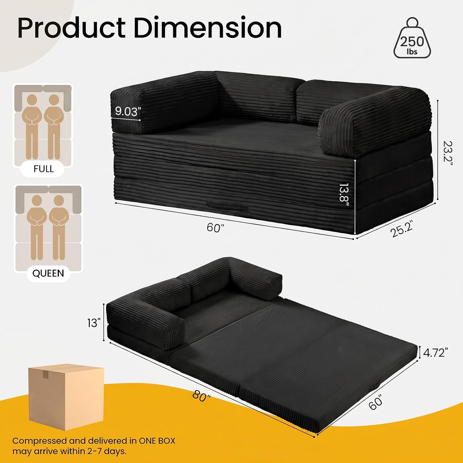 Erament Convertible Sofa Bed, Tri-Folding Mattress Queen Futon Couch Bed, Boneless Sleeper Couch Bed with Removable Armrests & Washable Cover for Guest Room, Living Room, Queen, Black