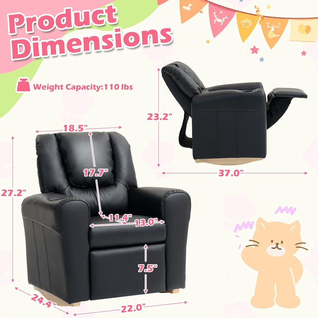AVAWING Kids Recliner Chair with Cup Holder, Leather Toddler Recliner with Adjustable Backrest, Curved Rocking Legs and Comfy Armrests for Bedroom or Nursery (Black)