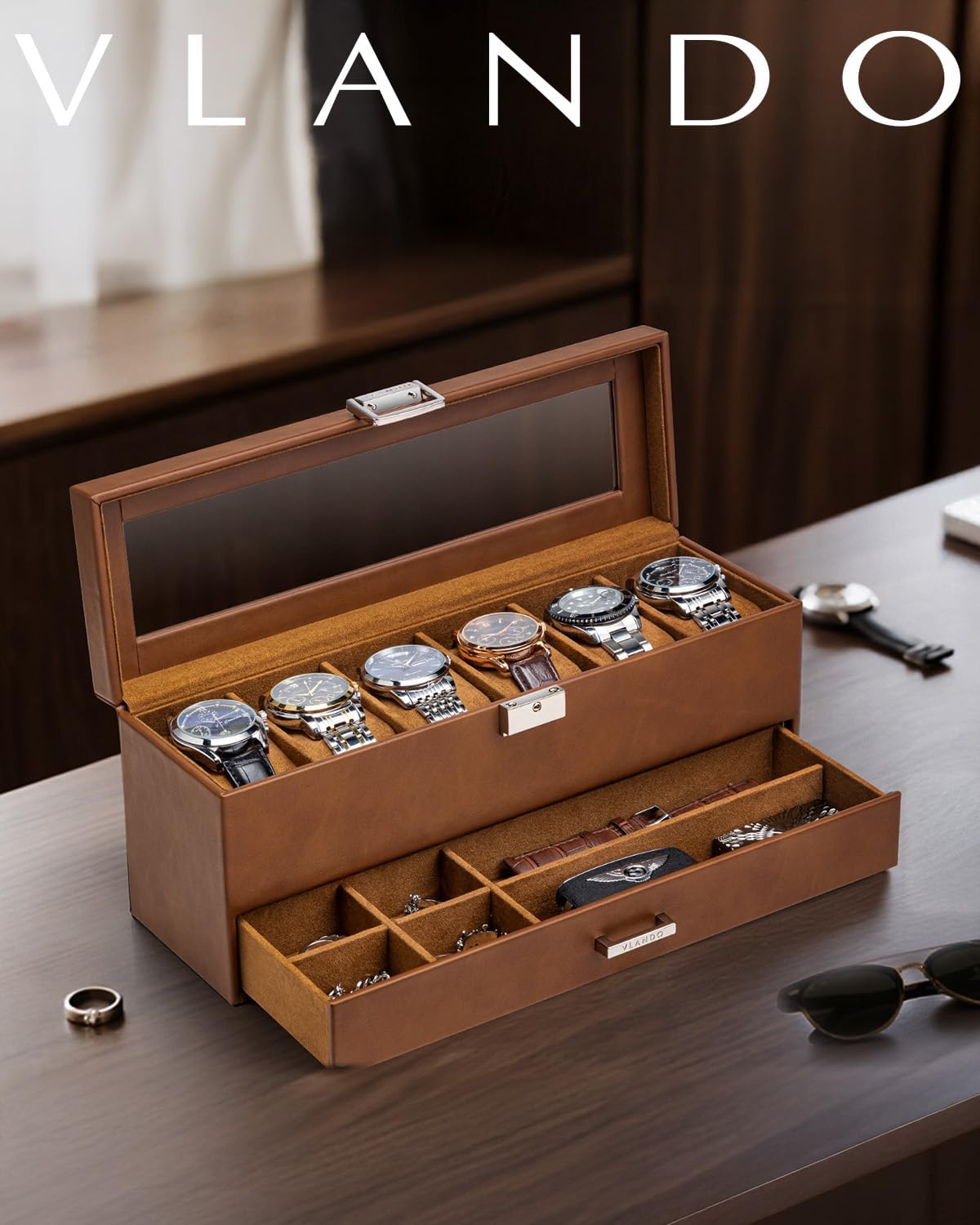 VLANDO Watch Box for Men, 6 Slot 2 Layer Watch Case, Brown | 6 slot 2 layer watch case with glass lid, lockable closure and lower storage for rings, keys and cufflinks