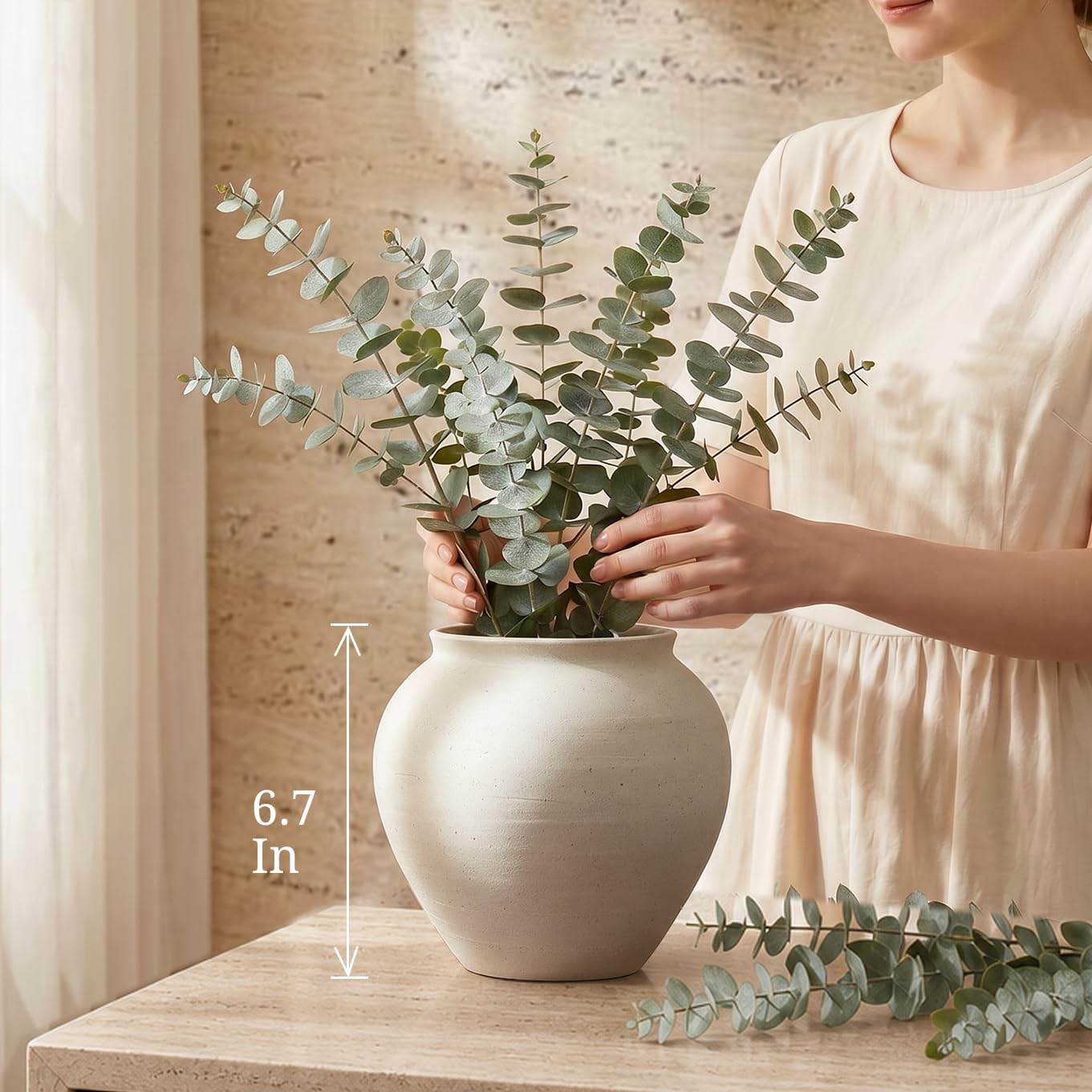 Ceramic Vase 6.7", Textured Ribbed Flower Vase for Pampas Grass, Cream Beige Wabi-Sabi Handmade Pottery Vase, Rustic Farmhouse Table Centerpiece for Entryway Shelf Nightstand Decor