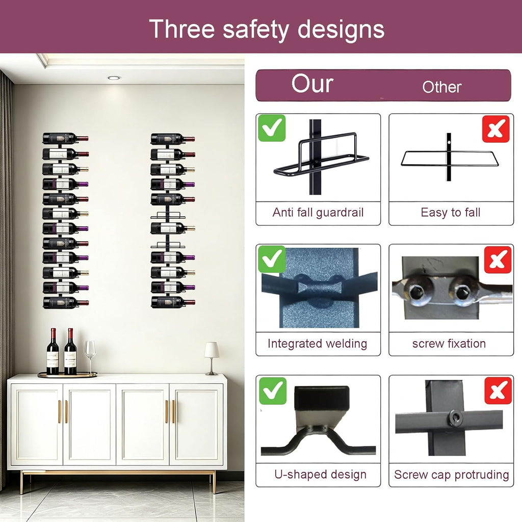 Wall Mount Wine Rack – 24 Bottles – Black Metal Wine Bottle Holder for Wall, Wine Rack for Home Bar, Kitchen