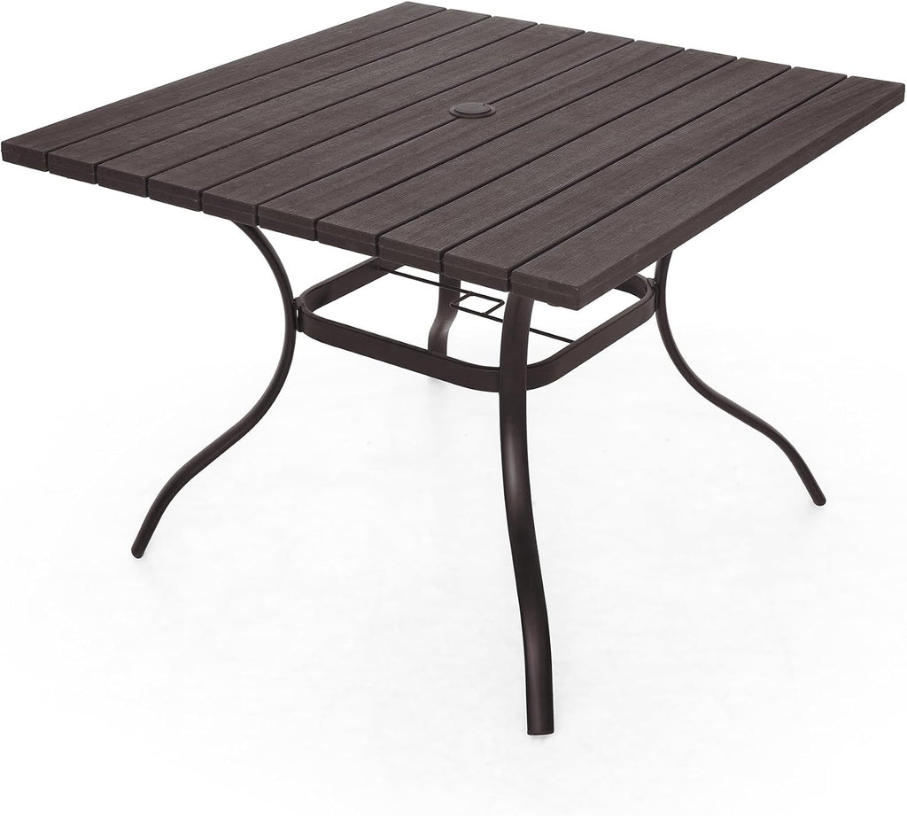 Anmutig Outdoor Dining Table with 1.6" Umbrella Hole, Picnic Table Brown Plastic Square Backyard Bistro Table Outdoor Dining Table for Garden, Poolside, Backyard