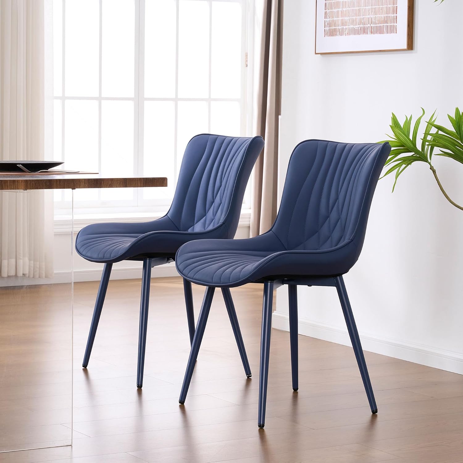 YOUTASTE Navy Blue Dining Chairs Set of 2, Mid Century Modern Comfy Kitchen Chair, Upholstered Faux Leather, Navy Blue Metal Legs, Armless Accent Chairs for Bedroom Vanity Lounge
