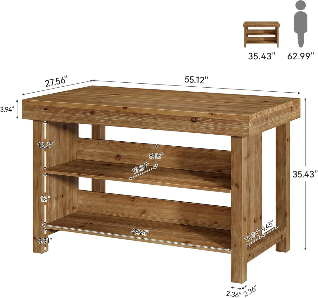 55" Solid Wood Kitchen Island with Storage, Farmhouse Kitchen Island Table with 3-Tier Open Shelves and Large Countertop for Kitchen, Dining & Living Room, Natural Oak
