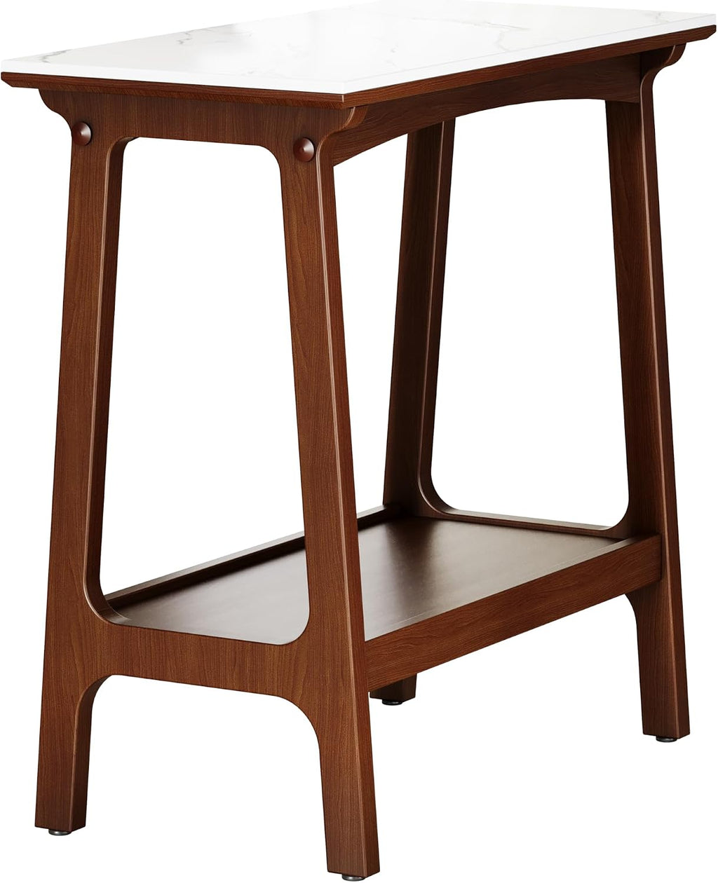 Narrow Side Table with Storage Shelf, Reddish Brown Walnut, 23.54 x 11.75 x 23.66 Inches, MDF with Marble Slate Top, Modern Vintage Style End Table for Small Spaces
