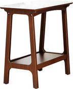 Narrow Side Table with Storage Shelf, Reddish Brown Walnut, 23.54 x 11.75 x 23.66 Inches, MDF with Marble Slate Top, Modern Vintage Style End Table for Small Spaces