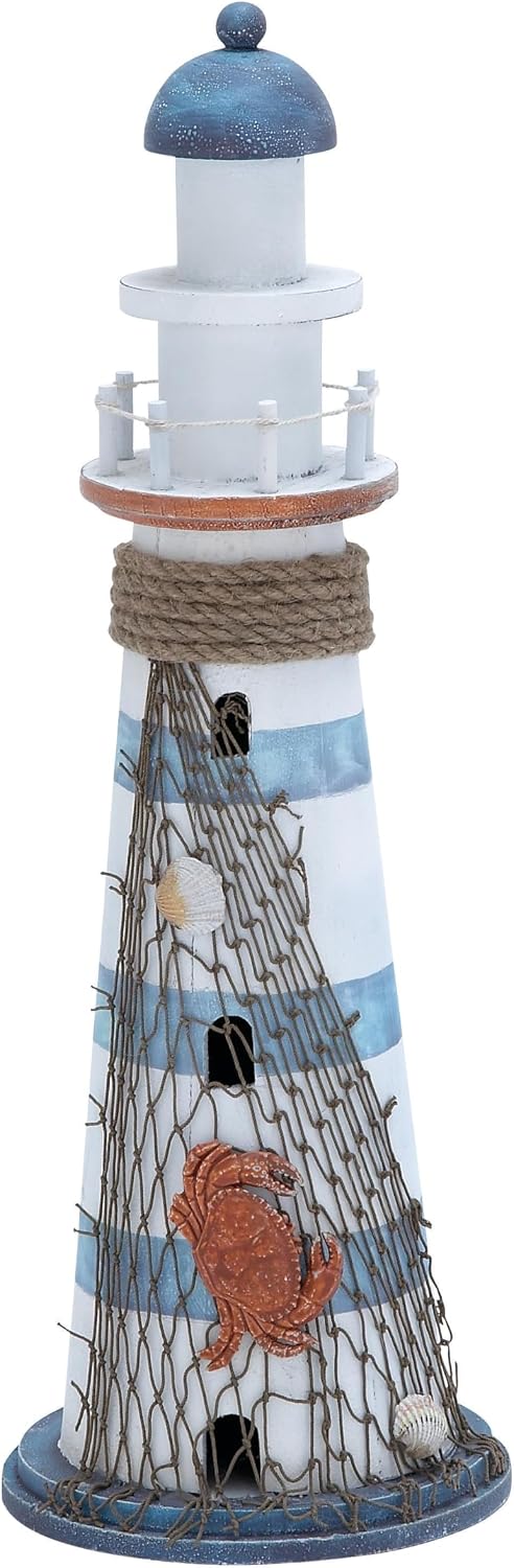 Deco 79 Wood Light House Decorative Sculpture Home Decor Statue with Netting, Accent Figurine 7" x 7" x 16", White