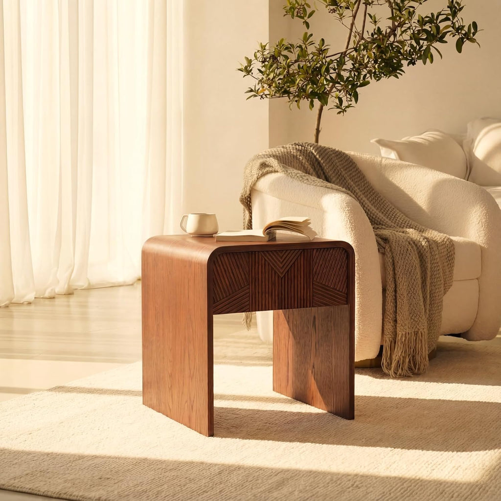 Vista End Table White Oak Side Table with Sculpted Slat Detail, Modern Small Accent Table Fluted Wood Nightstand Brown Finish Sofa Side Table for Living Room, Bedroom