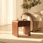 Vista End Table White Oak Side Table with Sculpted Slat Detail, Modern Small Accent Table Fluted Wood Nightstand Brown Finish Sofa Side Table for Living Room, Bedroom