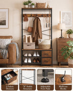 Faesun Hall Tree with Bench and Shoe Storage, Coat Rack, 5-in-1, 31.5" Entryway Bench with 2 Fabric Drawers, Mudroom Bench with Storage and Hooks, Rustic Brown