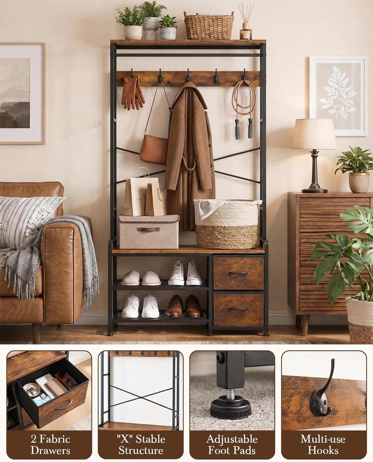 Faesun Hall Tree with Bench and Shoe Storage, Coat Rack, 5-in-1, 31.5" Entryway Bench with 2 Fabric Drawers, Mudroom Bench with Storage and Hooks, Rustic Brown