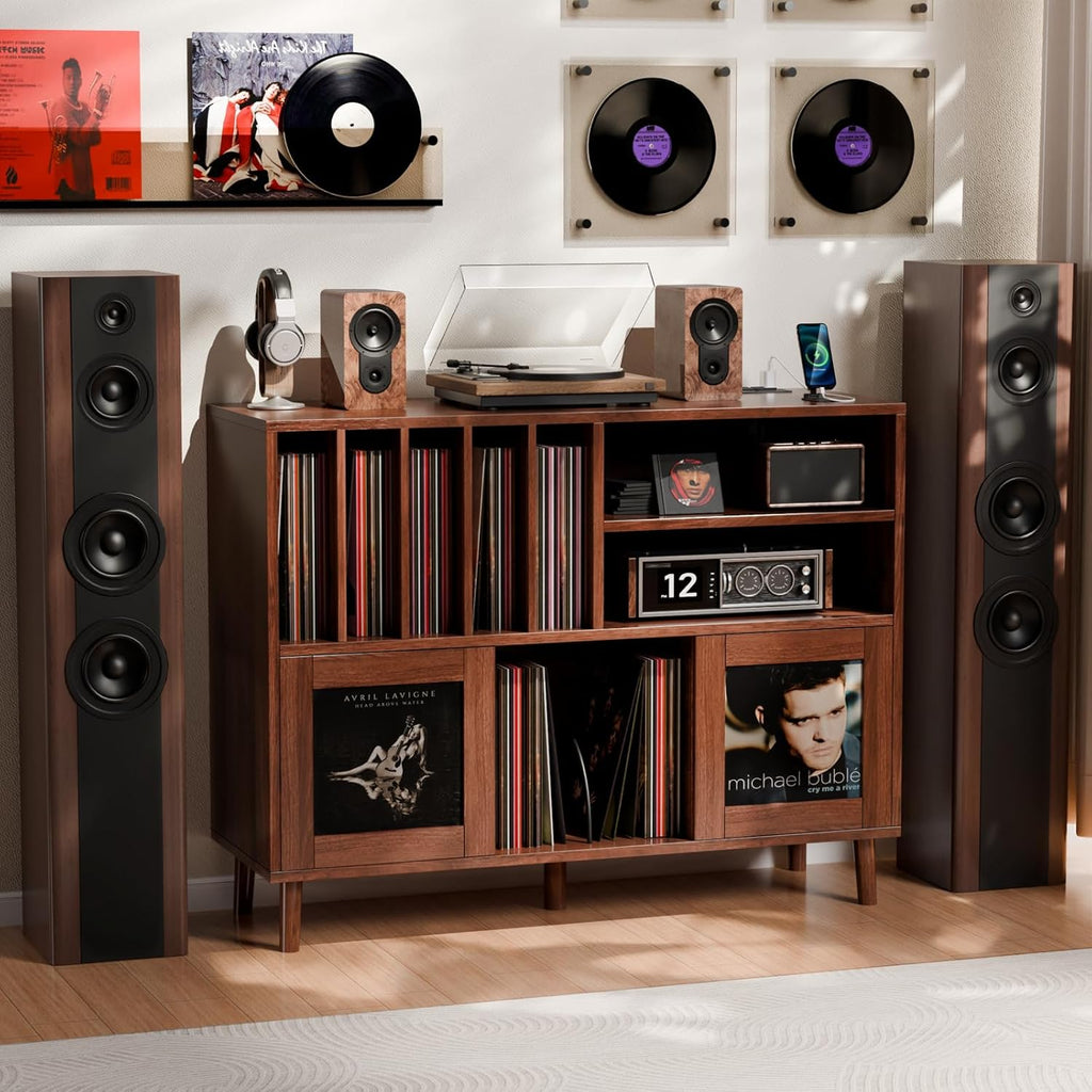 XL Record Player Stand with Sliding Doors, 500+ Vinyl Record Storage Cabinet with Charging Station & USB Ports, Mid Century Modern Record Player Table,Turntable Stand with Wood Legs for Living Room