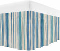 Vintage Blue Teal Striped Bed Skirt Queen Size 16 Inch Drop, Wrap Around Bed Skirts, Farmhouse Stripes Retro Art Elastic Bedskirt Pleated Bed Frame Cover Luxurious Dust Ruffle for Queen Bed