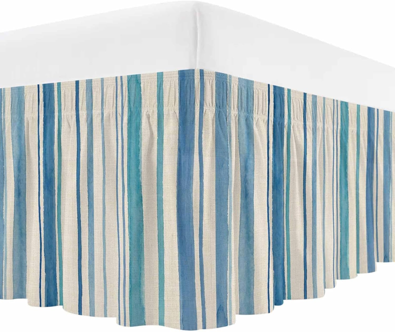 Vintage Blue Teal Striped Bed Skirt Queen Size 16 Inch Drop, Wrap Around Bed Skirts, Farmhouse Stripes Retro Art Elastic Bedskirt Pleated Bed Frame Cover Luxurious Dust Ruffle for Queen Bed