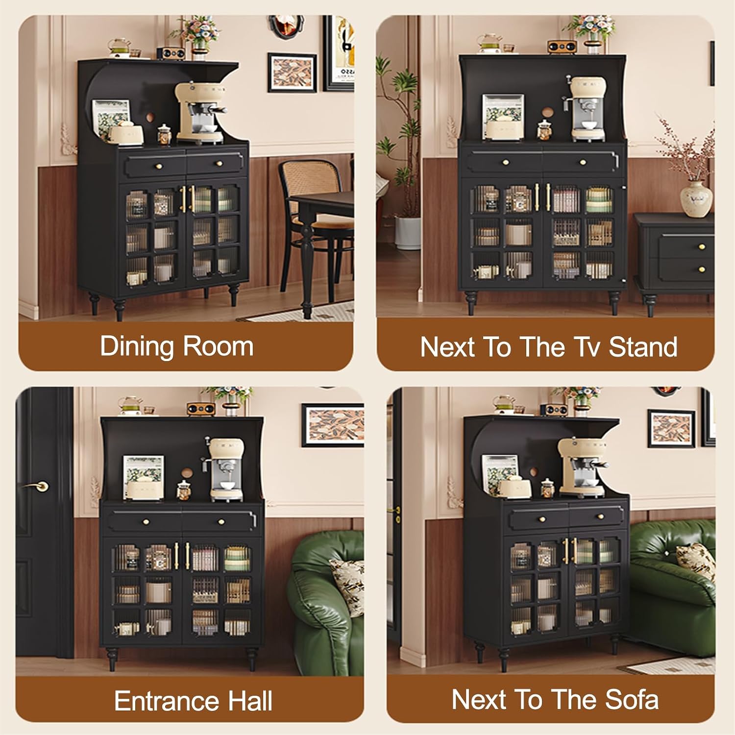 Kitchen Pantry Cabinet, Tall Storage Cabinet, Arched Bookshelf Bookcase, Coffee Bar Workstation, Tall Food Pantry Funiture for Living Room,Dining Room(Black,135x80cm/53.1x31.5in)