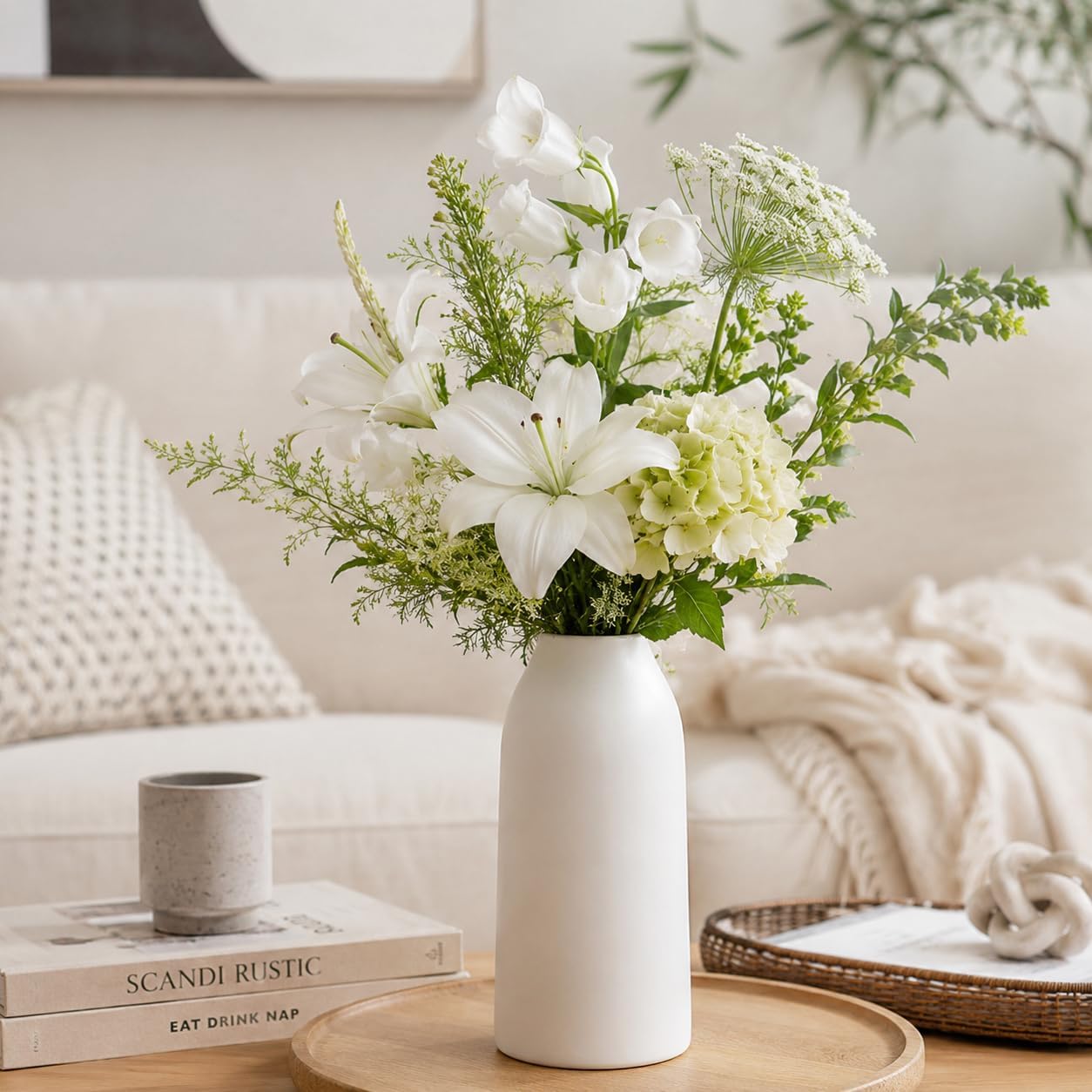 hjn 12 Inch White Ceramic Vase for Flowers, Matte Tall Modern Vase for Decor Minimalist Flower Vase for Home Decor Living Room Tabletop Centerpiece