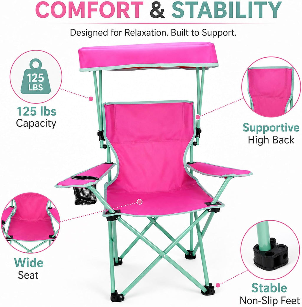 Kids Folding Canopy Chair with Safety Lock, 125 lb Capacity, Pink/Green | Portable kids canopy chair with safety lock, cup holder, and foldable frame for beach, lawn, camping, and sports sidelines.