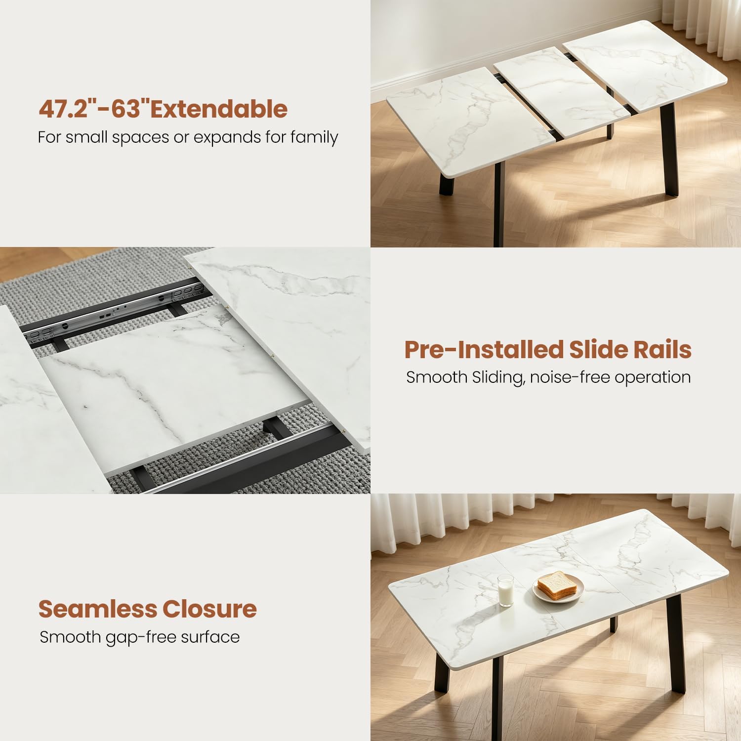 47.2"-63" Extendable Dining Room Table Set for 4-8 People, White | Removable Extension Leaf, Durable MDF Rectangle Tabletop, 6 Brown Sleek Faux Leather Chairs, Heavy Duty Modern Kitchen Table