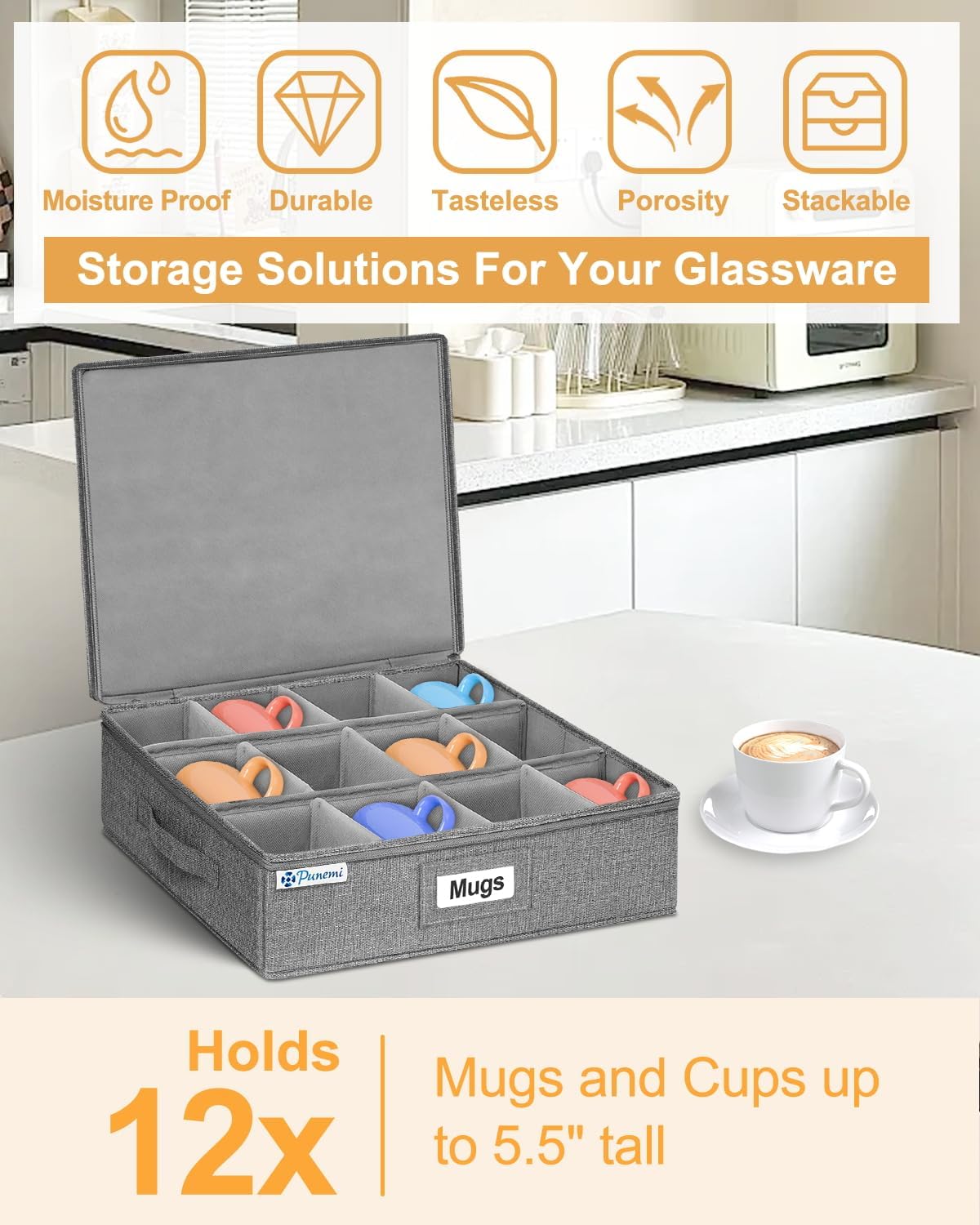 punemi Mug Storage Organizer w/Hard Shell Sides & Bottom, Padded Dividers, 2-Pack Stackable Coffee Mug Storage Boxes for Tea Cups, China Storage Containers for Packing & Moving