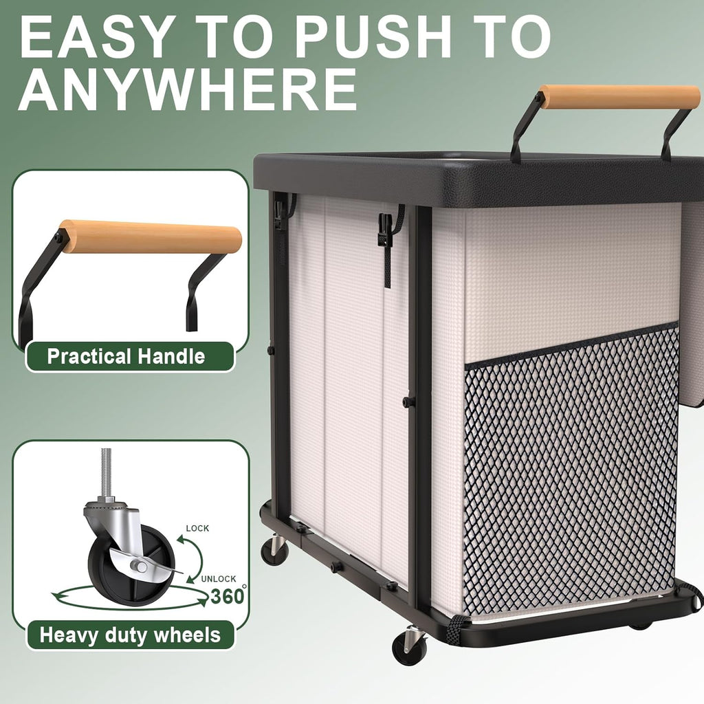 230L (60 Gal) Extra Large Fashion Laundry Sorter 3 Section with Lid, Rolling Laundry Basket Hamper with Handle, Laundry Organizer Storage Cart with Sturdy Metal Frame for Laundry Room, Hotel, White