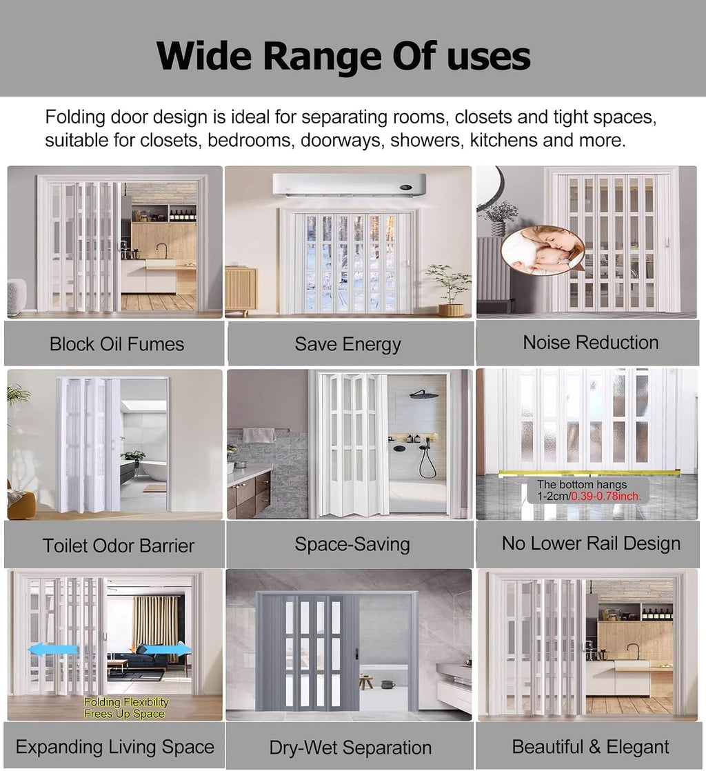 White PVC Folding Door 80 Inch, Accordion Partition for Closet Interior with Hardware & Lock, Plastic Multifold Doors (48x80in)