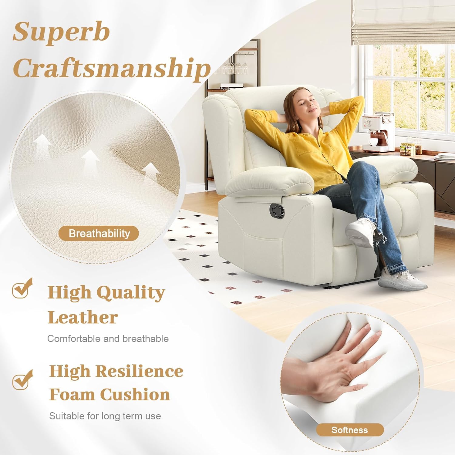 RV Recliner Chair, Oversized Reclining Loveseat Home Theater Seating with Cup Holders, Insert Pockets, Wall Hugger RV Recliners for Movie Room, Recline Movie Seats Gaming Sofa, White