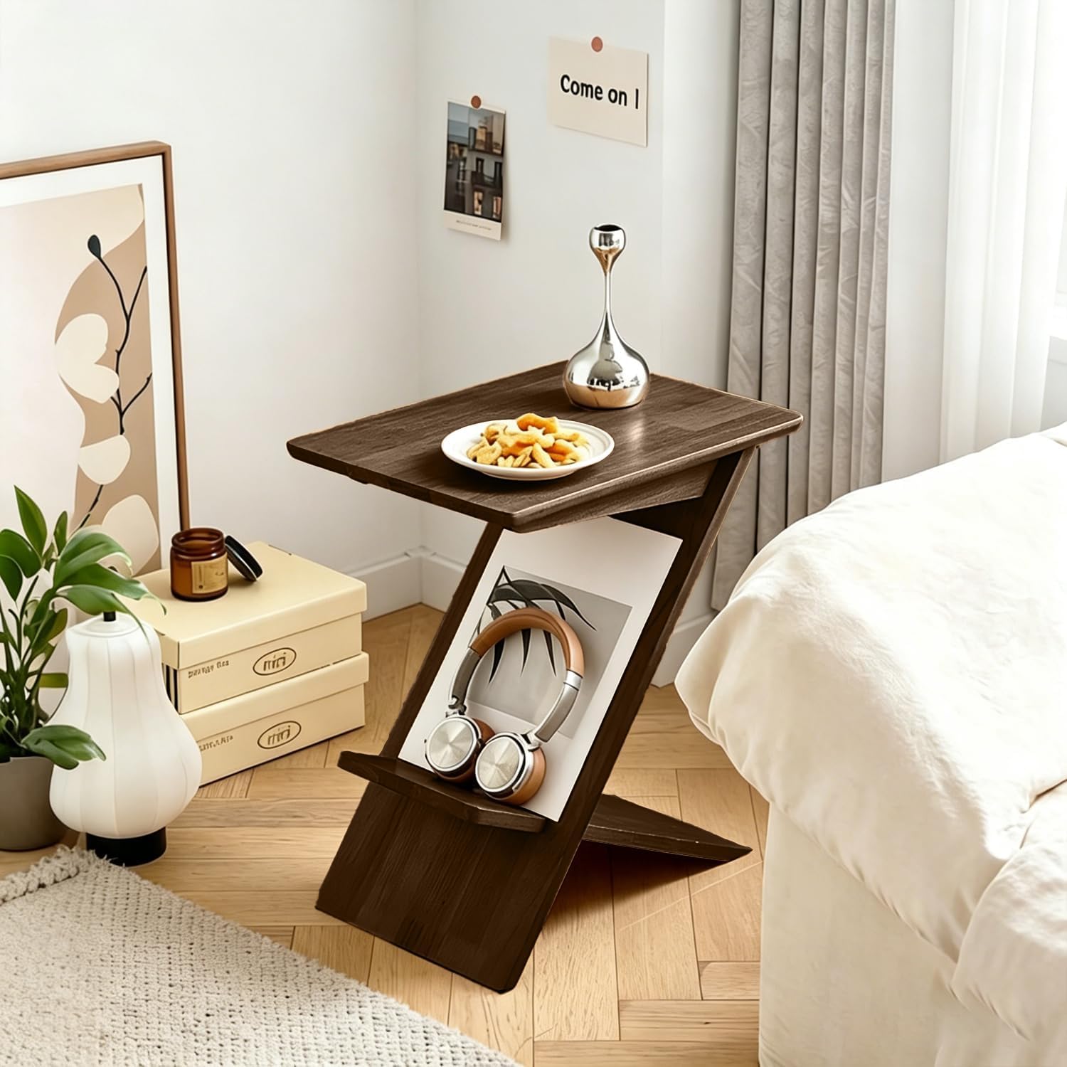 YUNMUARY-C Shaped Couch End Table,Skinny Entryway Table,Modern Wooden Nightstand,11.61 Inches Wide Walnut Slim Side Table for Bedroom,Living Room and Corners,Easy Assembly.