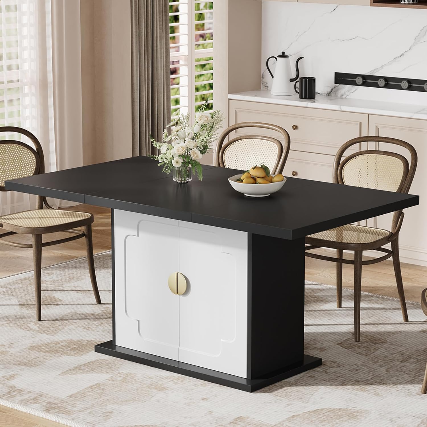 63 Inch Rectangular Dining Table with Hidden Storage, Modern Pedestal Dining Table for 4–6 People, Space-Saving Kitchen & Dining Room Table, MDF, Black