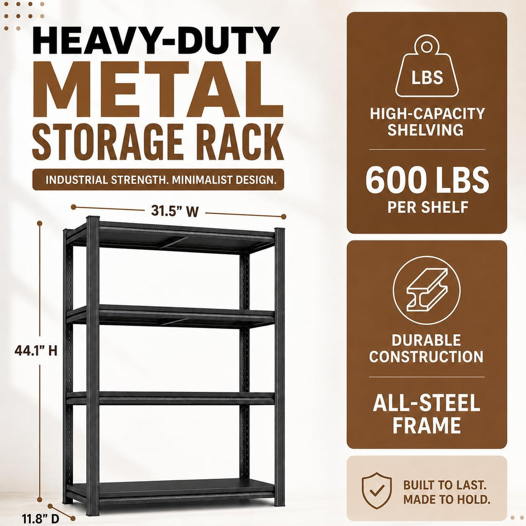 4 Tier Metal Bookshelf, Adjustable Tall Bookcase, Heavy Duty 2400 LBS Modern Deep Book Shelf, Bolt-Free Storage Shelves for Living Room, Home Office, Garage, 31.5" Wx 11.8" Dx 44.1" H