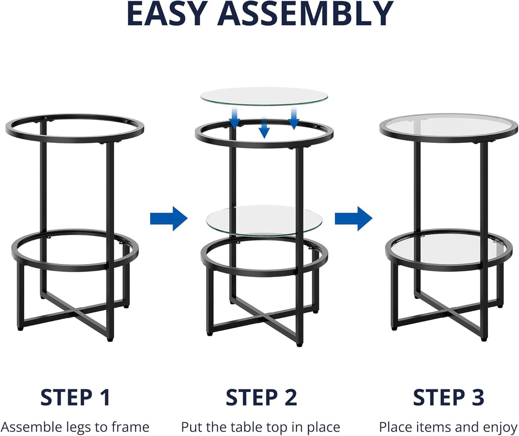 Cozy Castle End Tables Set of 2 for Living Room, Round Tempered Glass Side Tables with 2-Tier Storage Shelf, Modern Metal End Table for Couch, Bedroom, Apartment, Black