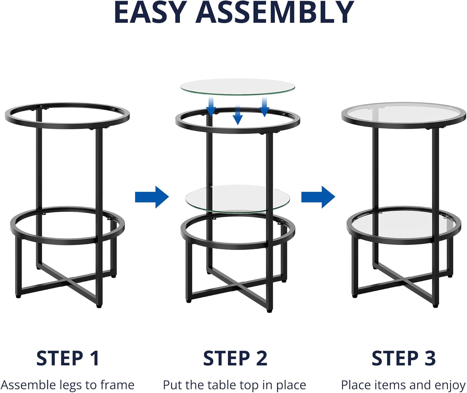 Cozy Castle End Tables Set of 2 for Living Room, Round Tempered Glass Side Tables with 2-Tier Storage Shelf, Modern Metal End Table for Couch, Bedroom, Apartment, Black