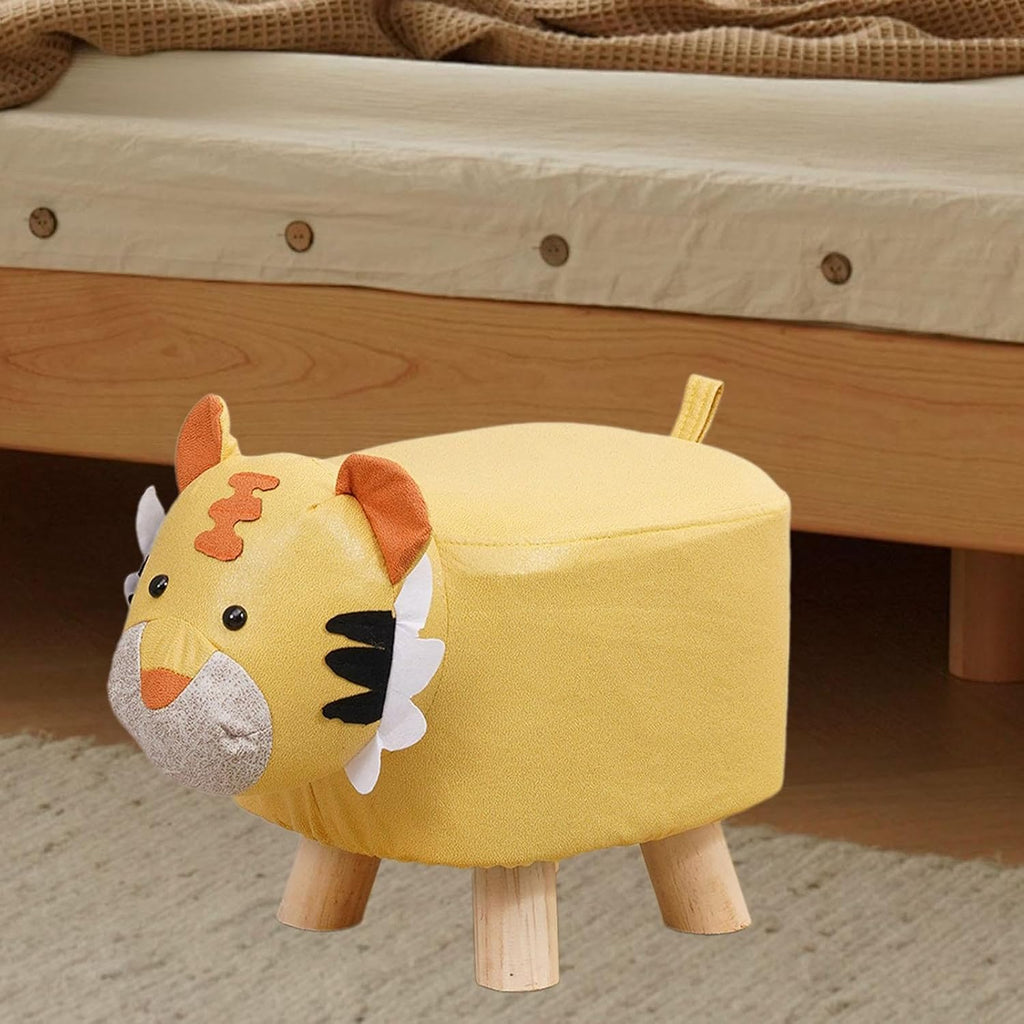 Cartoon Footstool Ottoman Animal Shaped Kids Stool Foot Stool Wooden Feet Cloth Fabric Comfortable Seating Suitable for Children Room Bedroom Nur, Yellow Tiger