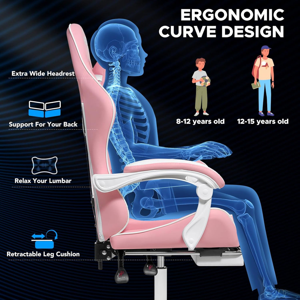 Gaming Chair with Massage Ergonomic Computer Chair with Footrest and Lumbar Support Reclining PC Game Chair for Boys with Adjustable Armrest and Headrest Pink